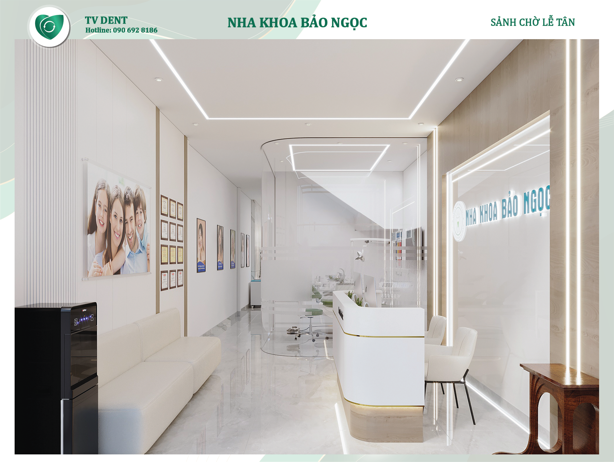 Khu vực sảnh chờ lễ tân nha khoa Bảo Ngọc được bố trí gọn gàng, ánh sáng hài hòa tạo cảm giác thoải mái khi khách đến
