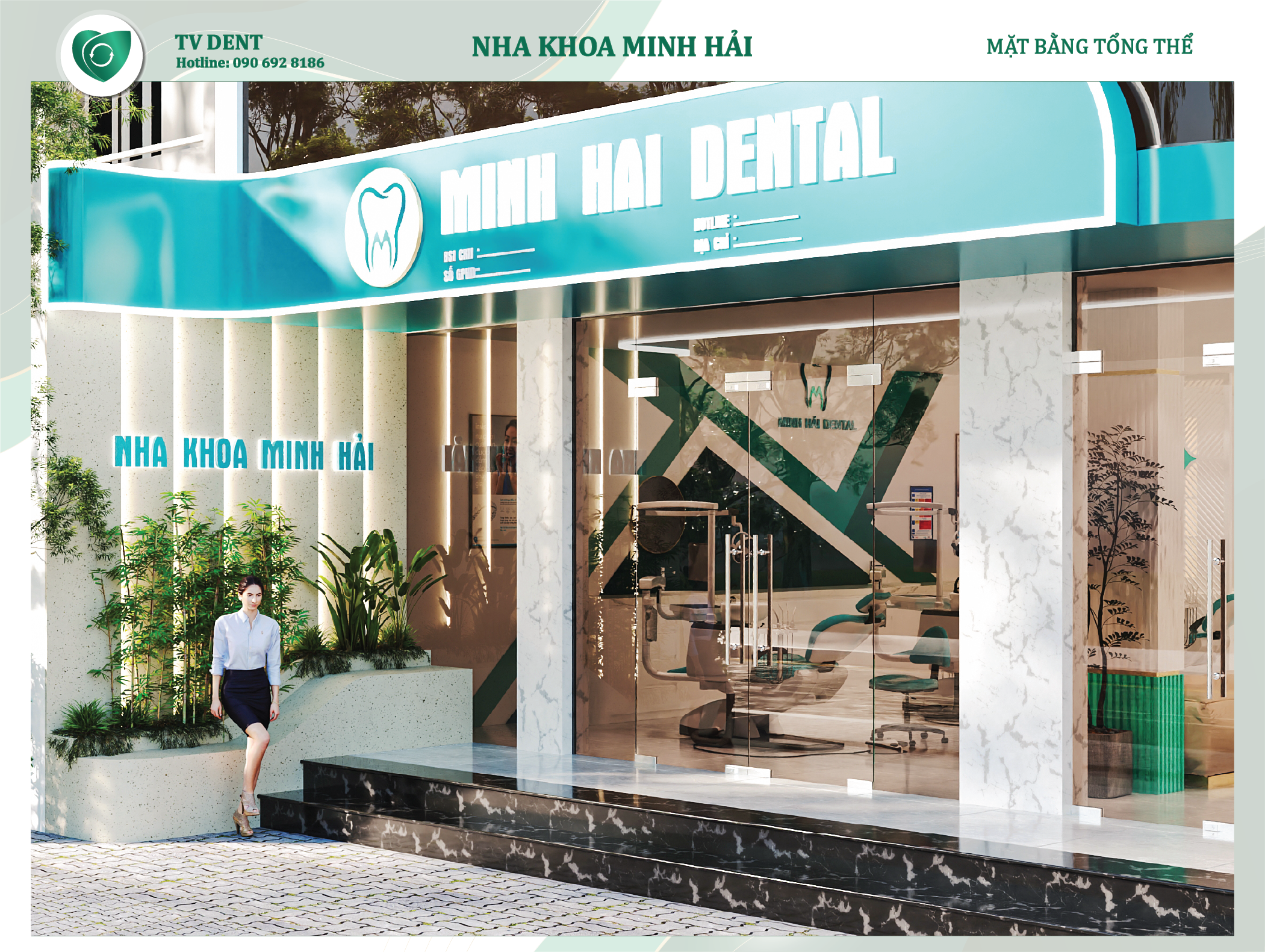 Mặt tiền nha khoa Minh Hải với thiết kế sáng sủa, bảng hiệu rõ ràng và không gian bên ngoài gọn gàng tạo cảm giác chuyên nghiệp