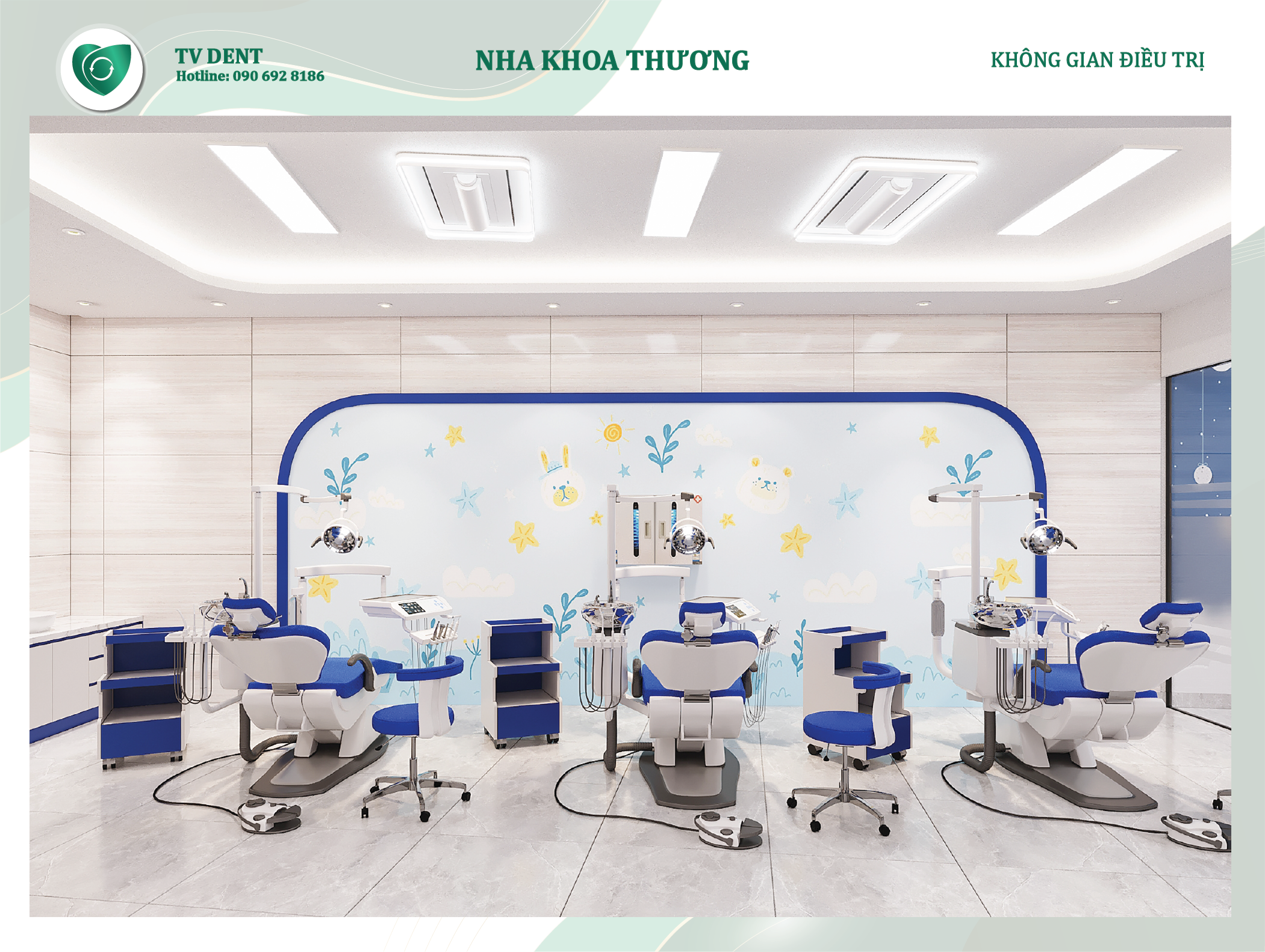 Khu điều trị nha khoa Thương với không gian sạch sẽ, thiết bị bố trí gọn gàng tạo cảm giác yên tâm khi điều trị