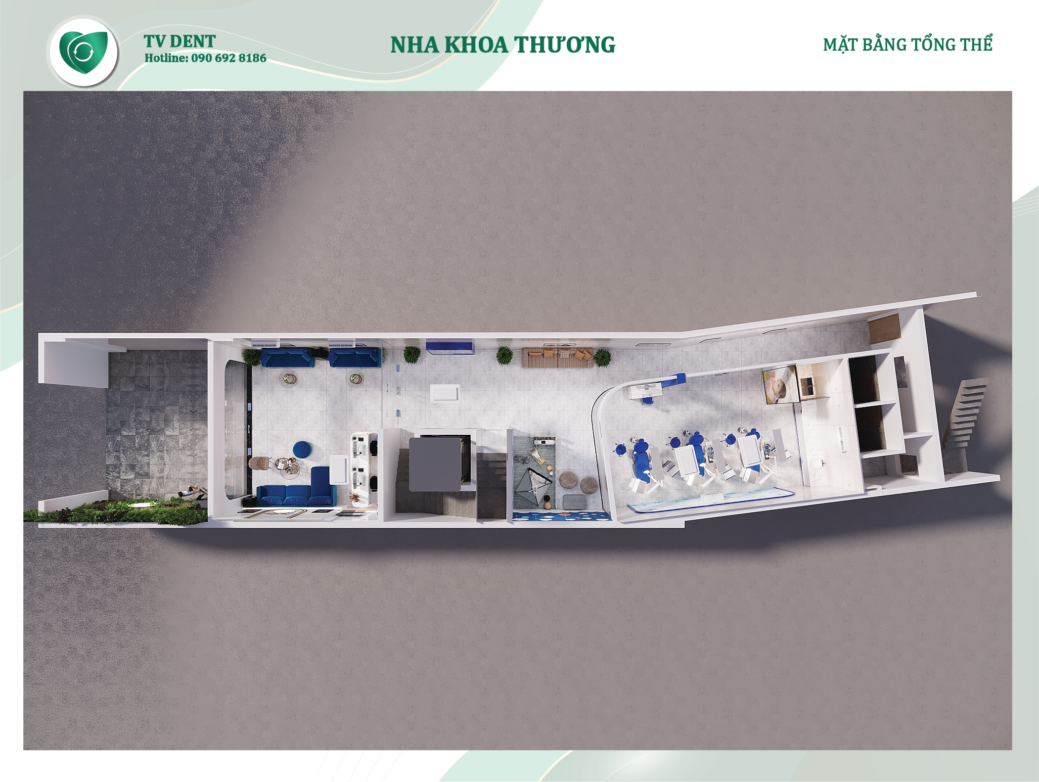 Mặt bằng tổng thể nha khoa với cách bố trí các khu vực rõ ràng, giúp dễ hình dung không gian và luồng di chuyển