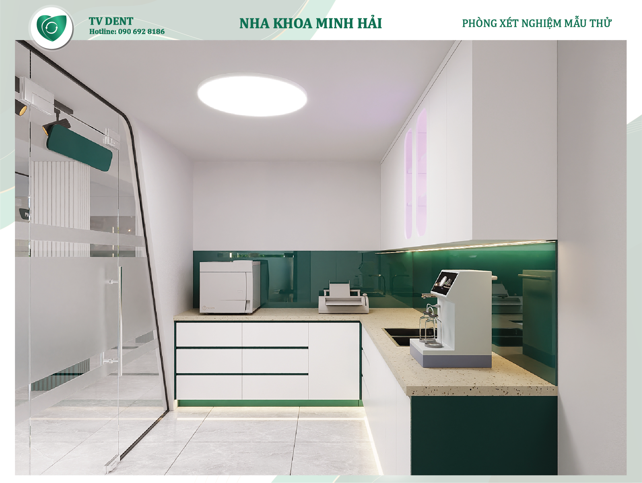 Phòng xét nghiệm nha khoa Minh Hải với không gian sạch sẽ, bố trí gọn gàng và thiết bị được sắp xếp khoa học