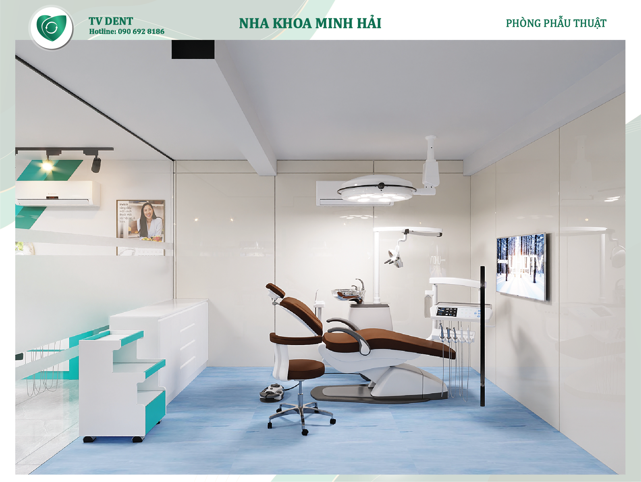 Phòng phẫu thuật nha khoa Minh Hải với không gian sạch sẽ, ánh sáng rõ ràng và thiết bị bố trí gọn gàng tạo cảm giác an tâm