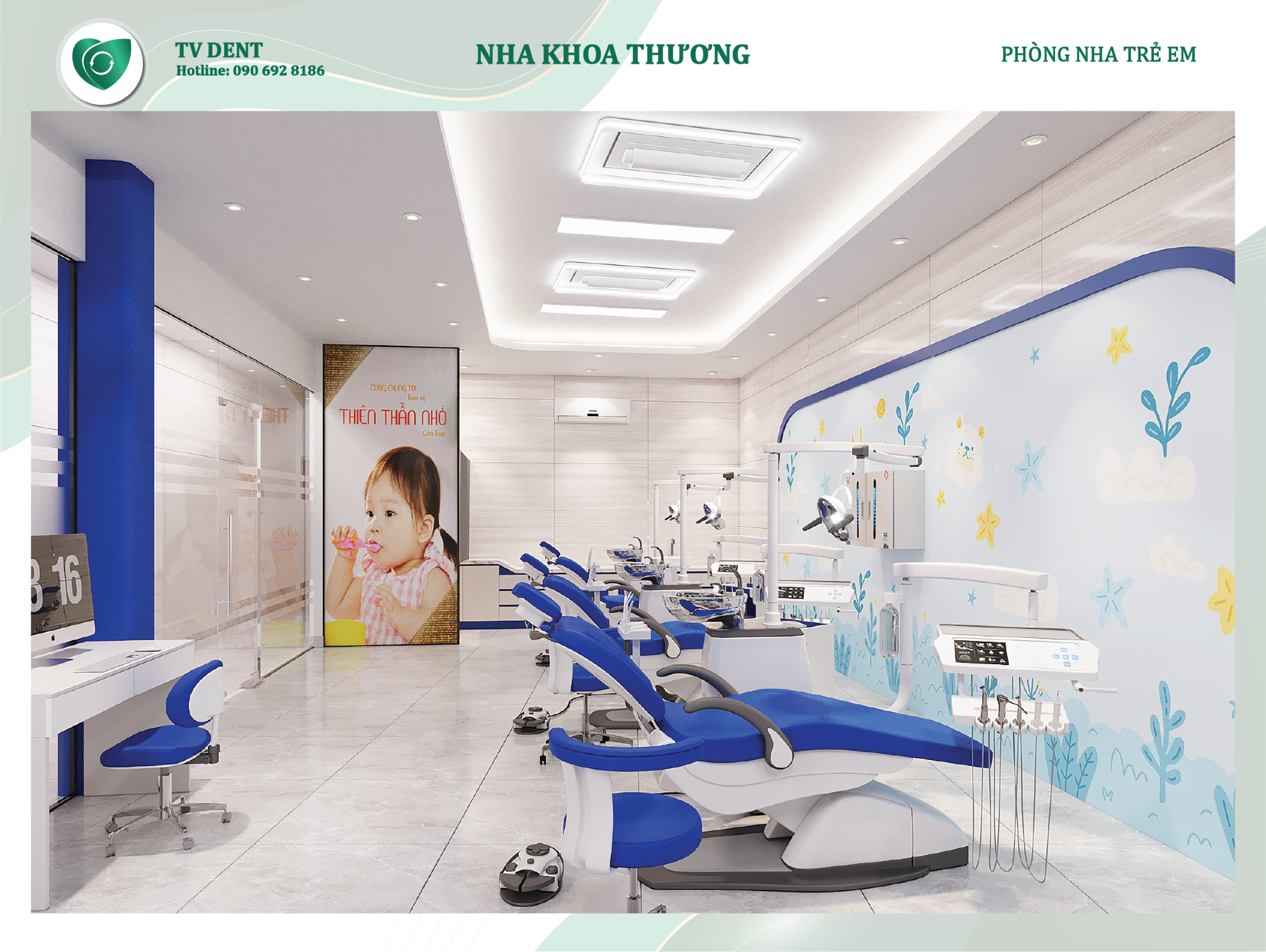 Khu điều trị nha khoa Thương với không gian sạch sẽ, thiết bị bố trí gọn gàng tạo cảm giác yên tâm khi điều trị
