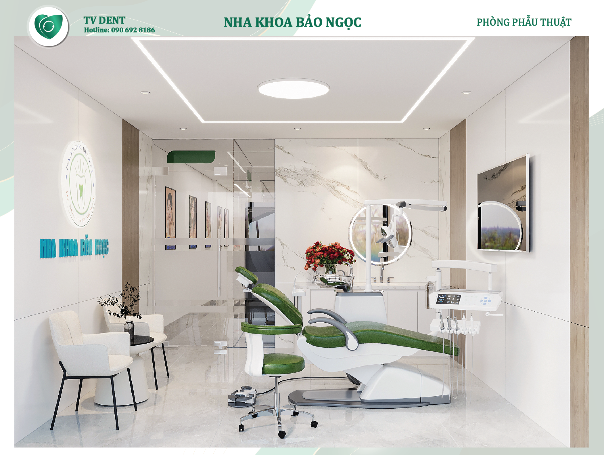 Phòng phẫu thuật nha khoa Bảo Ngọc với không gian sạch sẽ, ánh sáng rõ ràng và thiết bị được sắp xếp gọn gàng tạo cảm giác an toàn