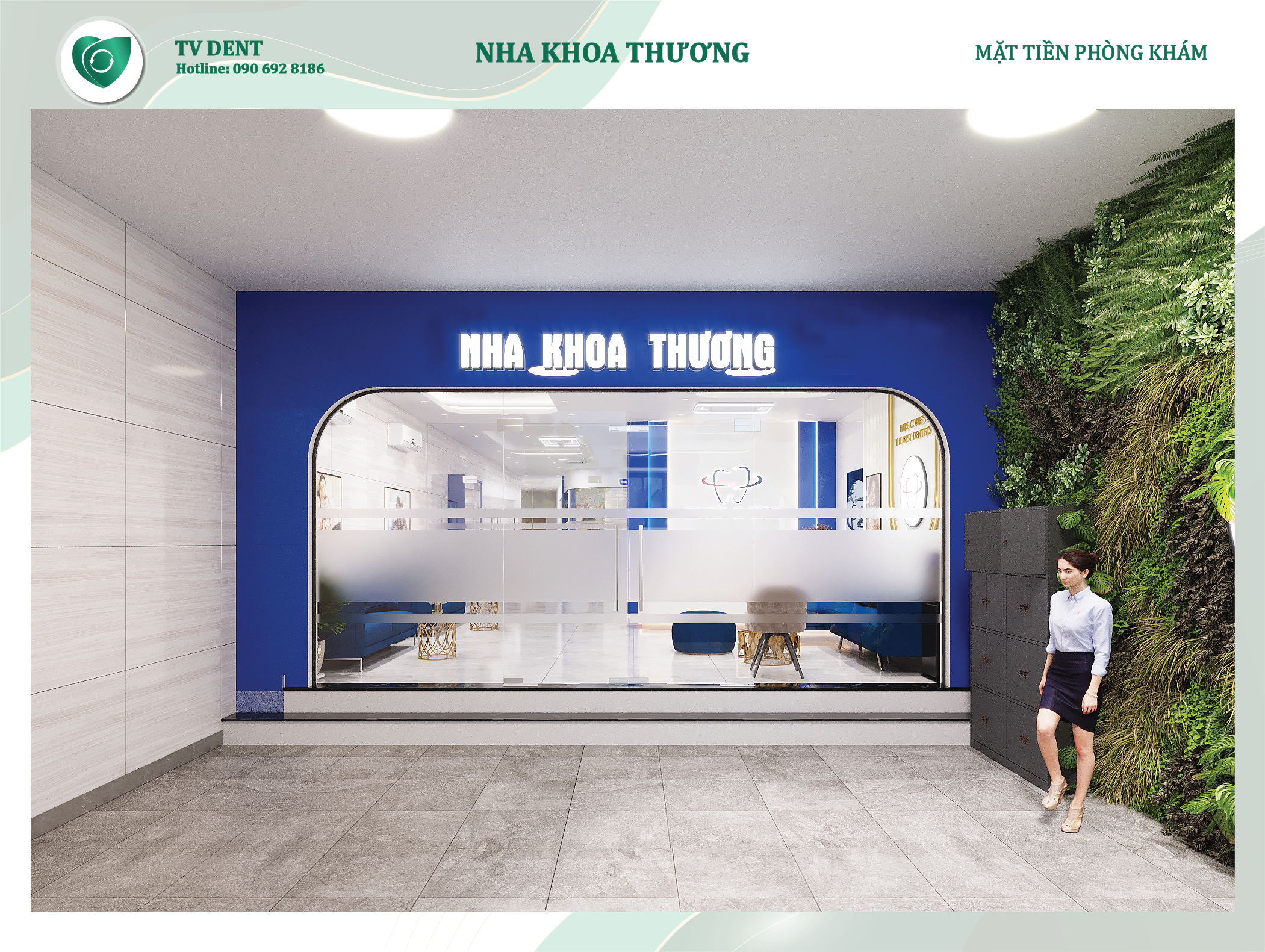 Mặt tiền phòng khám nha khoa với thiết kế sáng sủa, bảng hiệu rõ ràng và không gian bên ngoài gọn gàng tạo cảm giác chuyên nghiệp