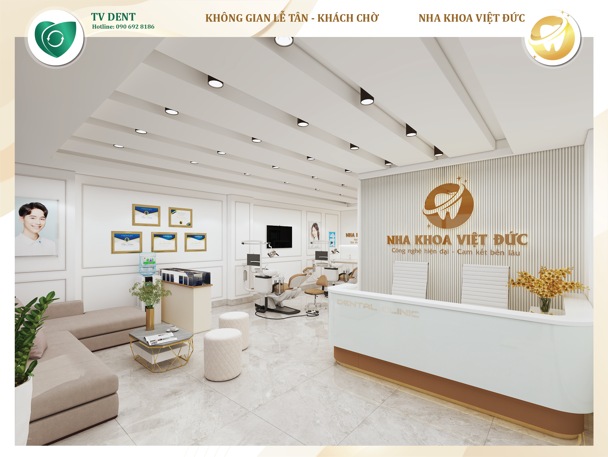 Khu vực sảnh chờ nha khoa Việt Đức được bố trí gọn gàng, sạch sẽ với ghế ngồi thoải mái tạo cảm giác dễ chịu cho khách hàng