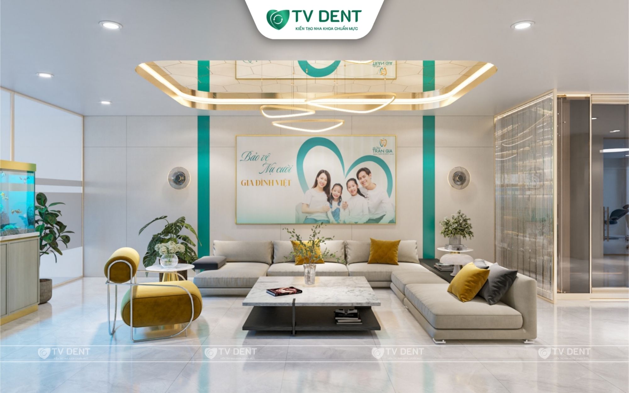 Khu vực phòng chờ nha khoa hiện đại với sofa góc, ghế vàng và phông logo tại Nha khoa Trần Gia