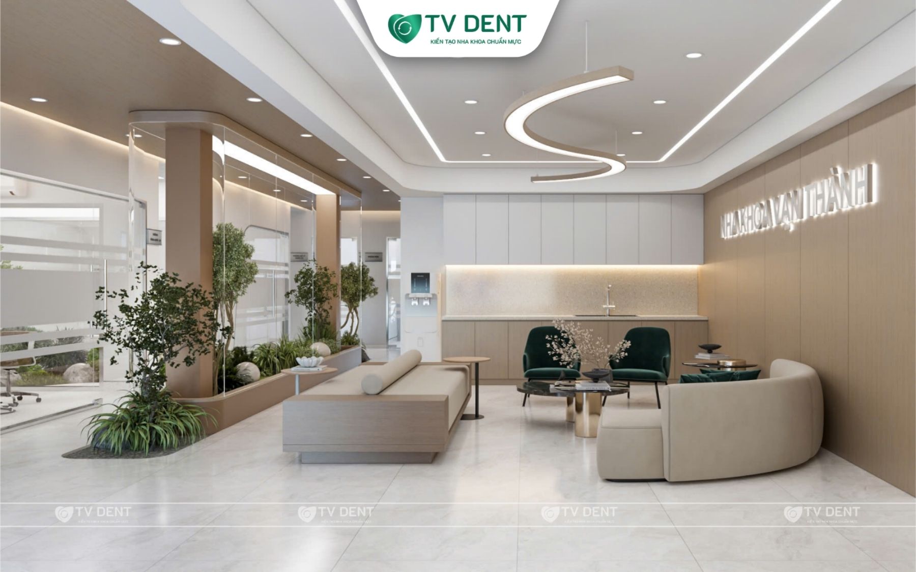 Phòng chờ nha khoa hiện đại với sofa bo cong, đèn trần uốn lượn và cây xanh tại Nha khoa Vạn Thành