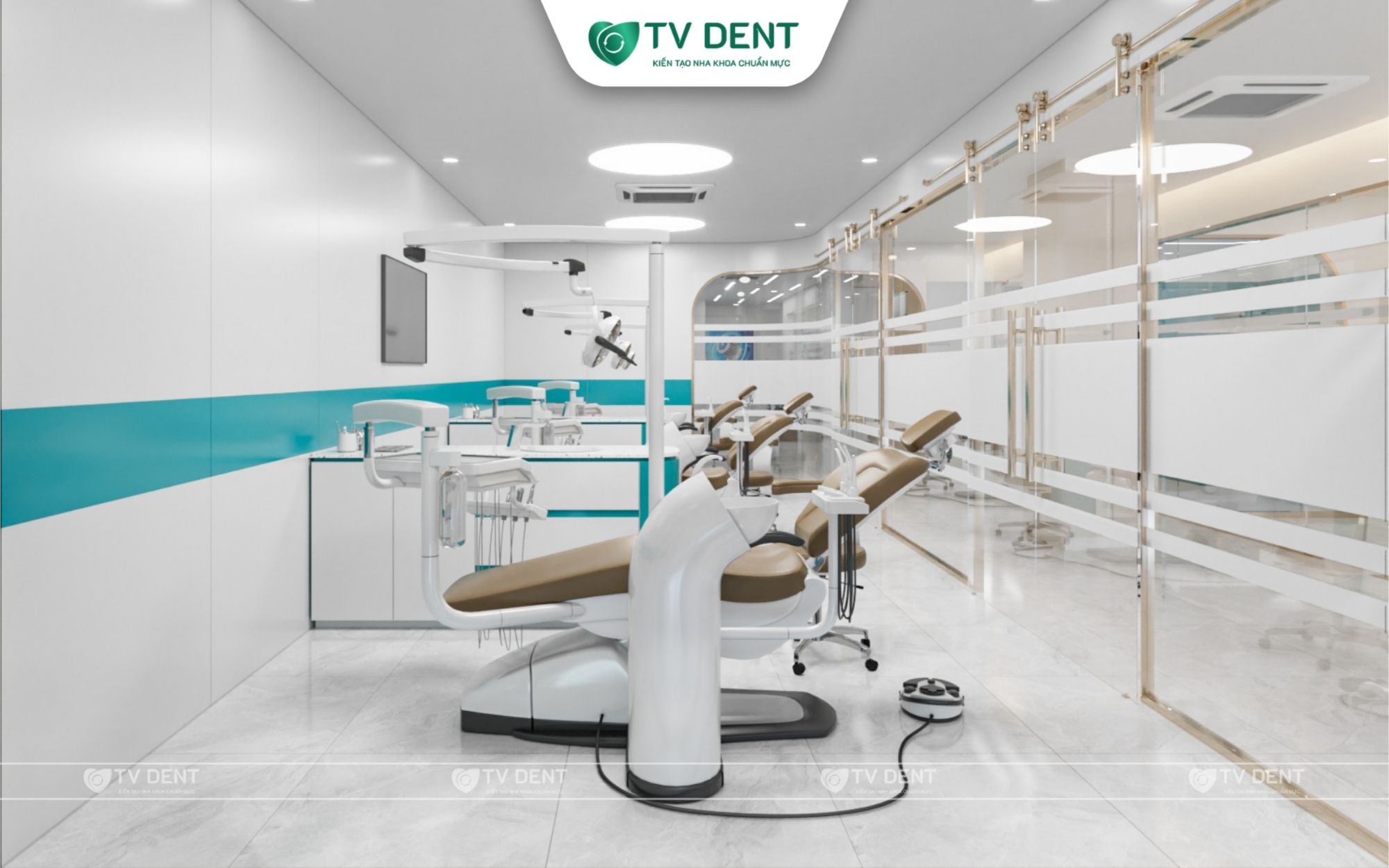 Góc nhìn khu điều trị nha khoa Trần Gia với ghế màu nâu, vách kính trong và hệ đèn âm trần hiện đại