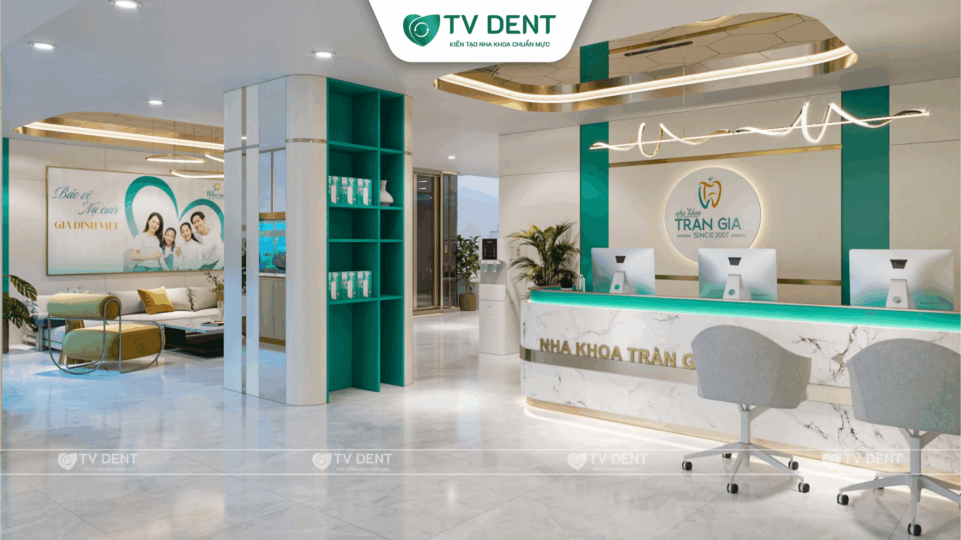 Quầy lễ tân phòng khám nha khoa Trần Gia với đèn LED xanh ngọc và sàn đá sáng, thiết kế bởi TVDENT